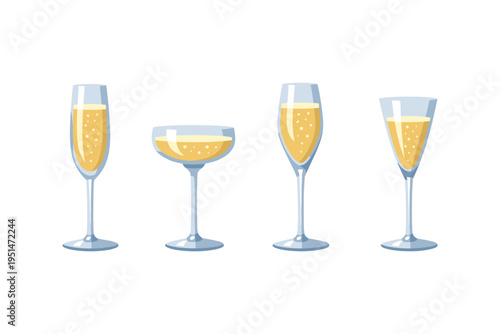 Collection of different champagne glasses with bubbly drinks