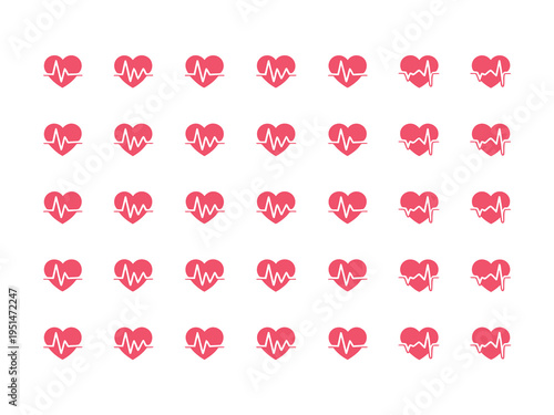 Heartbeat line and heart symbol icons for cardiology healthcare pulse monitoring in red vector graphics