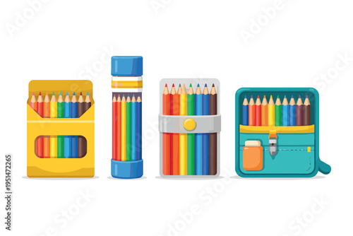 Colorful assortment of crayons in boxes and cases for kids and artists