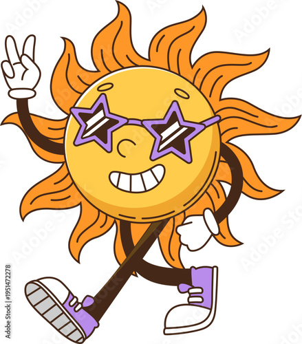Cartoon groovy hippie sun character in sunglasses and cool vibes, vector personage. Groovy sun as rocker or hippie punk character with peace gesture, walking in hipster shoes with freaky smile on face