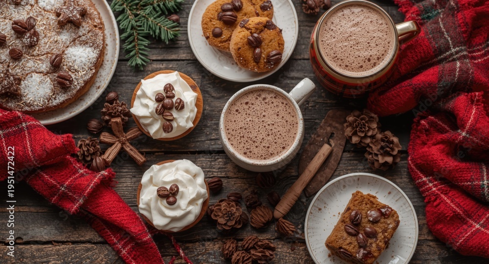 Fototapeta premium Comfortable holiday mood with rich hot chocolate and assorted seasonal cakes arranged on a rustic table