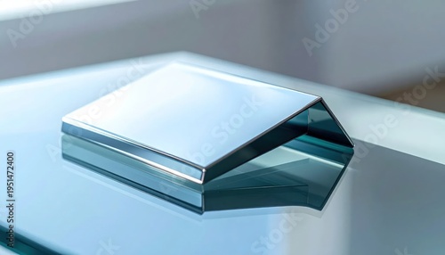 Glass sheets stacked on reflective surface indoors.