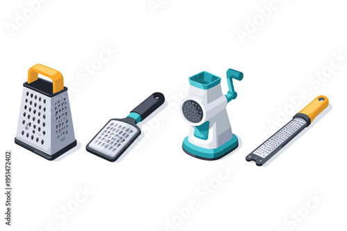 Various kitchen graters and a food grinder in flat design style