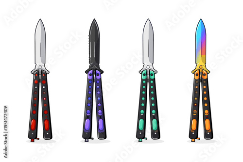 Colorful butterfly knives illustration with unique designs and blades