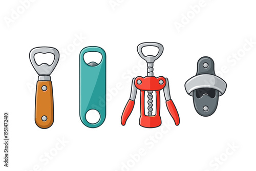 Collection of different bottle openers and corkscrews in flat design