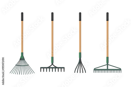 Illustration of various garden rakes and tools for landscaping projects