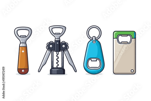 Collection of various bottle openers and corkscrews in flat design