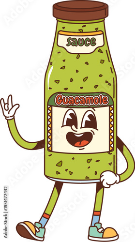 Cartoon groovy guacamole sauce bottle cheerful character. Mexican cuisine seasoning glass bowl, culinary ingredient jar groovy vector personage. Guacamole green sauce bottle character waving hand