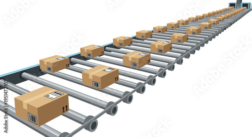Numerous cardboard boxes with barcode labels move along a long industrial roller conveyor belt.
