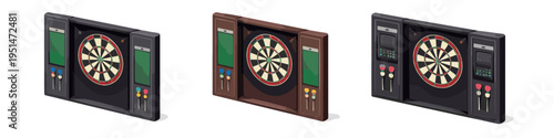Three electronic dartboards with darts and score displays in different colors