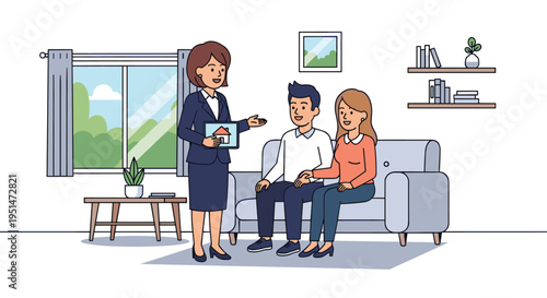A female real estate agent shows a house on a tablet to a couple sitting on a sofa in a living room.