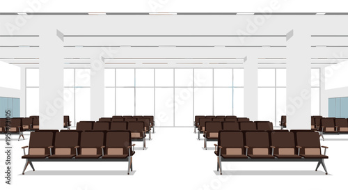 An empty airport waiting lounge features multiple rows of dark brown seating and large windows.