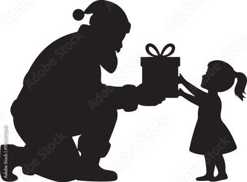 Black silhouette of man in santa hat giving gift to little girl