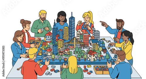 A diverse group of people collaborates around a table, constructing a colorful miniature city model with building blocks.