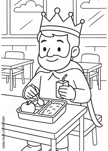 coloring book king enjoying a packed lunch at his school desk