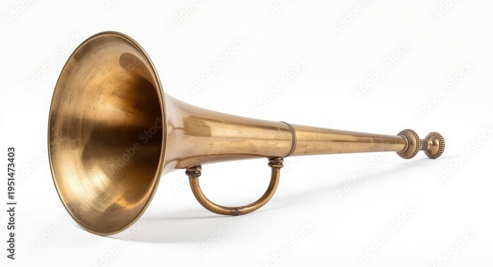Obraz premium Heritage brass bullhorn placed on white backdrop emphasizing antique design and workmanship