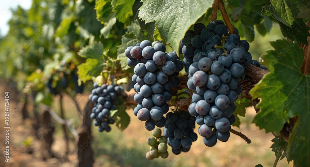 Fototapeta premium Clusters of ripe Vermentino grapes ready for harvest in a traditional vineyard
