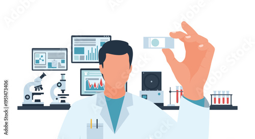 A faceless male scientist in a lab coat holds a microscope slide, surrounded by laboratory equipment and data screens.