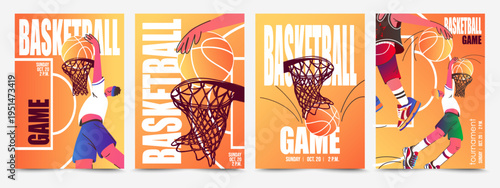 Basketball tournament invitation templates. Sport event flyers with Basketball players in action. Trendy Athlete play game match tournament invitation cards. Players throw ball in basket. vector 