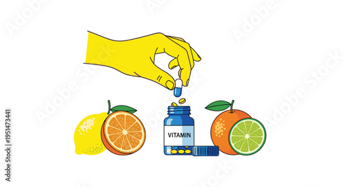 A yellow hand drops a blue capsule into a vitamin bottle, surrounded by a lemon, orange, and lime.