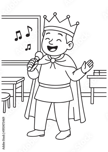 coloring book king singing into a microphone during a school performance