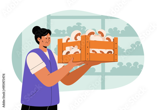 A woman proudly displays a crate of organic harvest mushrooms in a controlled environment.  Bright, professional, and visually appealing.