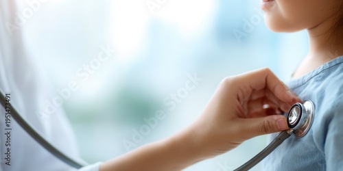 A doctor examines a childs heartbeat with a stethoscope in a medical setting.