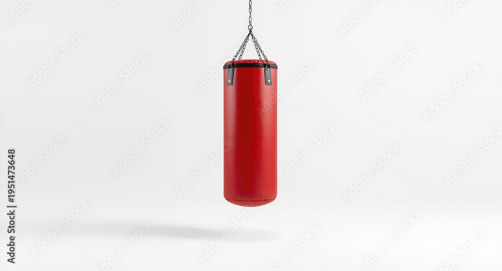 Fototapeta premium Isolated view of red boxing bag in a white studio space