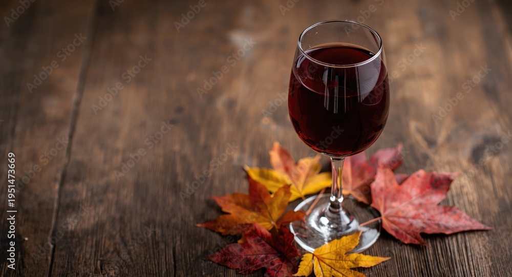 Fototapeta premium Photo capturing a red wine glass and autumn colored leaves on a blurred rustic wood texture with copy space