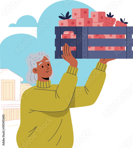 A senior woman harvests berries, carrying a crate with a warm smile. Rustic farm setting, perfect for lifestyle and harvest themes.