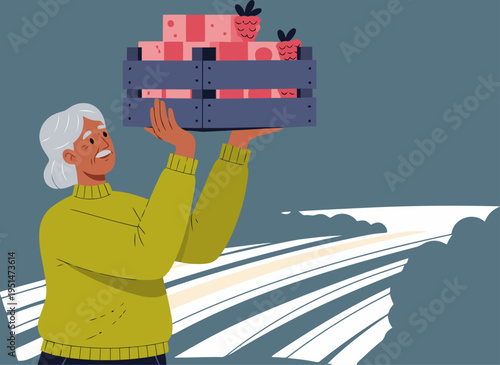 A senior woman proudly carries a crate of berries and fruit, symbolizing a bountiful harvest. Warm colors and a rural setting create a cheerful, wholesome image.