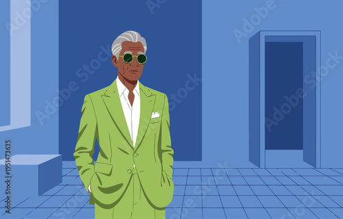 Senior Bold Colored Suit stands confidently in a modern blue room. Bold colors and sharp lines create a striking, professional image.
