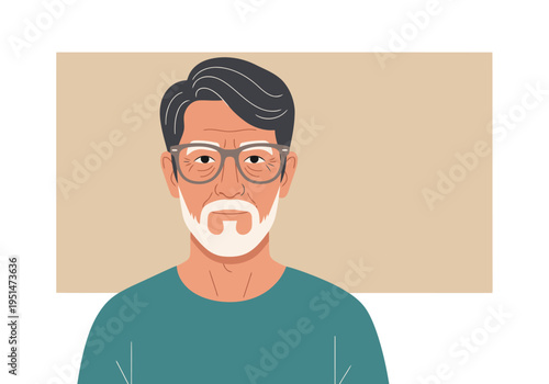 Senior designer showcases stylish glasses. A mature man with a white beard and glasses exudes confidence. Modern fashion illustration.