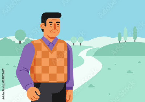 A senior man in a stylish check vest and shirt enjoys a peaceful walk in a scenic landscape.  Warm colors and a relaxed pose create a charming, heritage-inspired image.