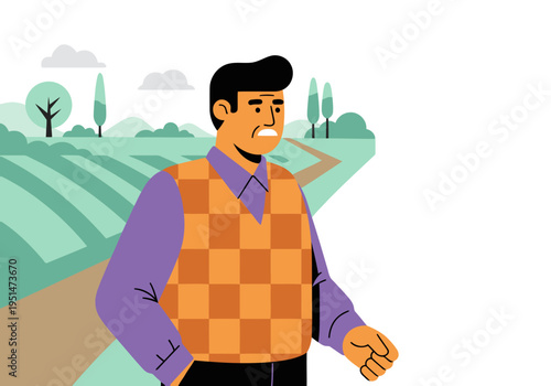 A senior man in a checkered vest looks concerned amidst a rural landscape.  Check fashion, heritage style.  Suitable for lifestyle and fashion campaigns.