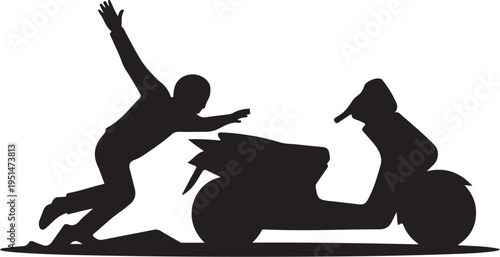 Black silhouette of person falling next to scooter