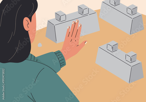 A young woman stops a hand gesture towards geometric blocks. Modern illustration style. Stop gesture, hand, blocks, geometric, minimalist.