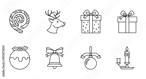 Minimalist Line Art Christmas Holiday Icons Collection on a Clean White Background