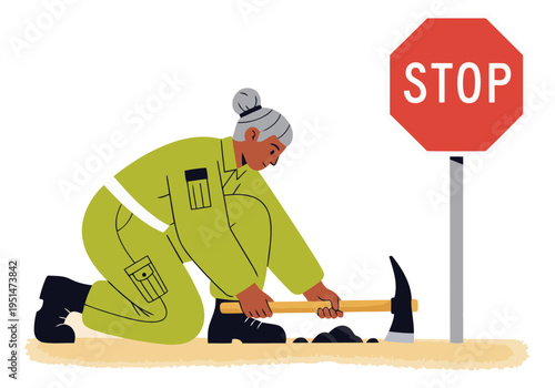 A soldier kneels, using a hammer to dismantle a stop sign, symbolizing peace. A poignant illustration with a strong visual message. Suitable for social campaigns.