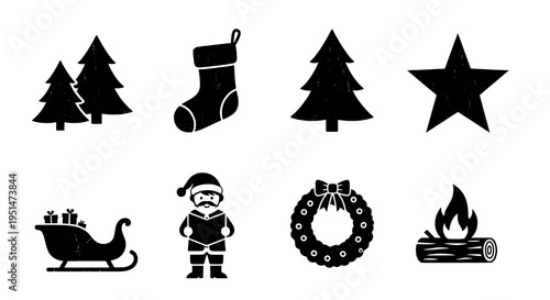 Collection of Grungy Black Christmas and Winter Holiday Silhouette Icons