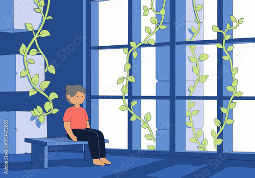 A woman sits peacefully by a window in a remote office, surrounded by lush greenery. A calming and productive workspace scene.