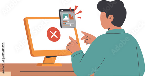 A stressed app designer reacts to a crashing app on a monitor. Bold red 'X' marks the error. Illustrative, modern style.