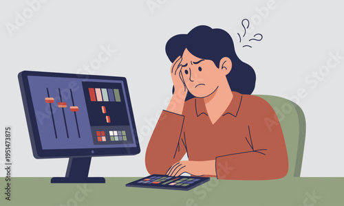 A stressed photo editor struggles with color adjustments on a computer screen, conveying frustration.  Clear, modern illustration.