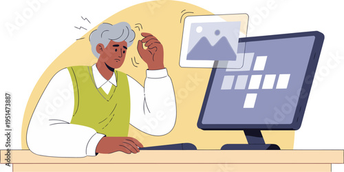 A stressed professional struggles with a blurry photo on a computer screen. Expresses frustration and difficulty editing. Modern illustration.