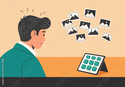 A stressed freelancer overwhelmed by numerous thumbnail images on a tablet. Illustrative, modern style. Great for digital marketing and website design.