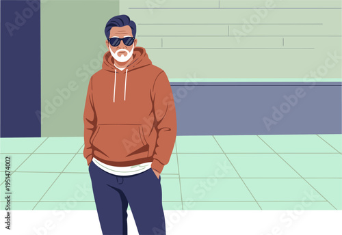 Stylish senior man in a hoodie and sunglasses exudes confidence. Modern streetwear fashion, urban setting. Great for commercial use.