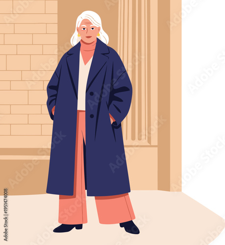 A stylish senior woman wears a long coat in a grand hall. Zero-shadow, oversized, chic. Professional, elegant, timeless. Focus on quality and sophistication.