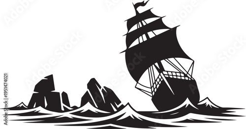 Black silhouette of sailing ship navigating through rocky waters