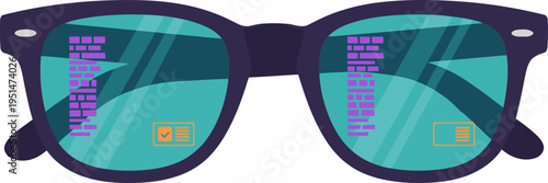 Stylish sunglasses reflect a digital cityscape. Modern tech cafe concept. Vibrant colors and geometric patterns create a futuristic visual.