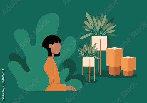 A stylish workspace blends nature and productivity. A woman works amidst lush plants and minimalist furniture, creating a calming and inspiring environment. Botanical Home Cafe.